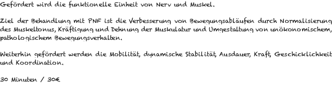 Gefördert wird die funktionelle Einheit von Nerv und Muskel. Ziel der Behandlung mit PNF ist die Verbesserung von Bewegungsabläufen durch Normalisierung des Muskeltonus, Kräftigung und Dehnung der Muskulatur und Umgestaltung von unökonomischem, pathologischem Bewegungsverhalten. Weiterhin gefördert werden die Mobilität, dynamische Stabilität, Ausdauer, Kraft, Geschicklichkeit und Koordination. 30 Minuten / 30€ 